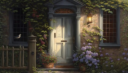 Peaceful country cottage entrance door with vines, flowers and natural building materials. Generative AI