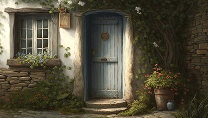 Fototapeta na wymiar Peaceful country cottage entrance door with vines, flowers and natural building materials. Generative AI