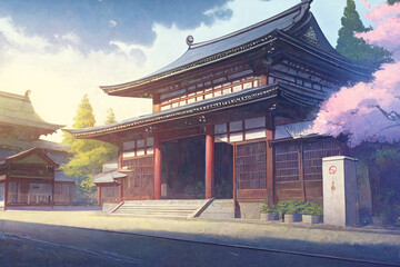 Naklejka premium アニメ映画風の和風系背景のイラスト(AI generated image)