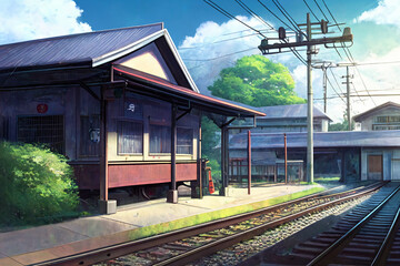 Obraz premium アニメ映画風の和風系背景のイラスト(AI generated image)