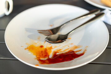 Top view of empty plate. Dirty plate with food leftovers.