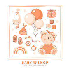 Fototapeta premium Children's toys, playing, childhood, baby care, clothes and shoes. Baby shop logo. Vector illustration kid's store for poster, banner or card.