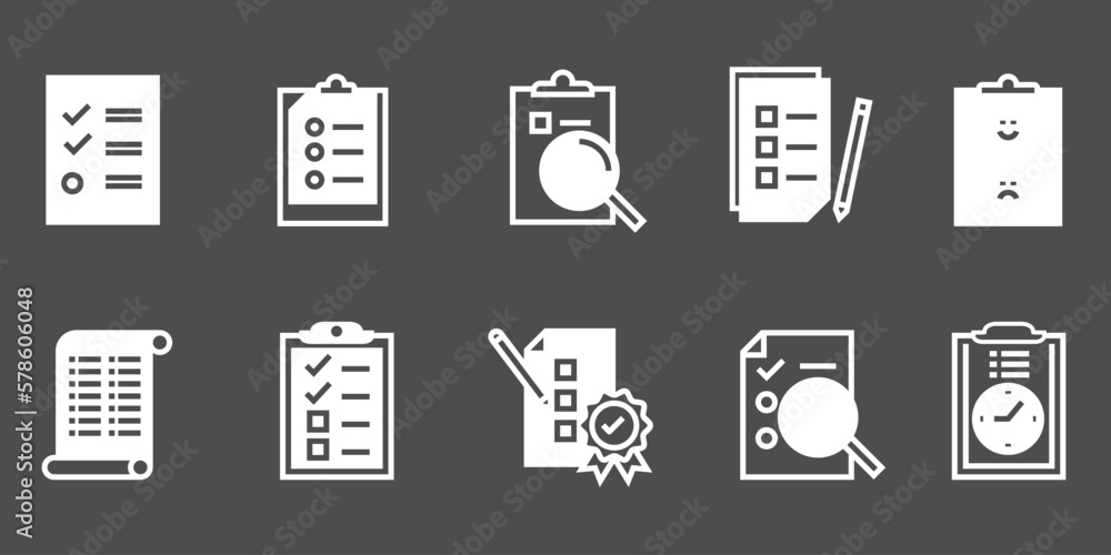 Poster set of record checklist paper. business work check and resume document icon. premium thin line vecto