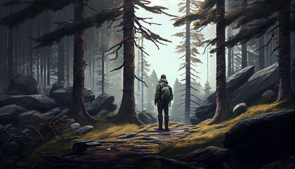 A solitary trek discovering the forest alone, alone person in misty forest, generative ai