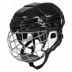 Black plastic hockey helmet with protective net on white background