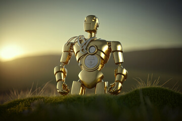 Fototapeta premium robot gold US dollar coin stock market forex trading graph futuristic Smart investment technology background, Generative AI.
