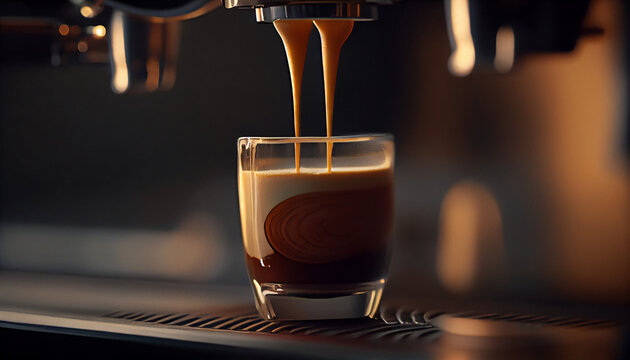 Closeup of an espresso coffe shot peing brewed, generative ai