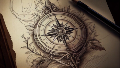 Fototapeta na wymiar Compas tattoo, possible design or idea to tattoo, generative ai