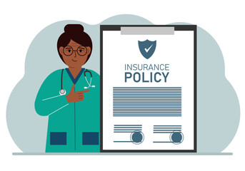 Woman doctor next to the insurance policy.