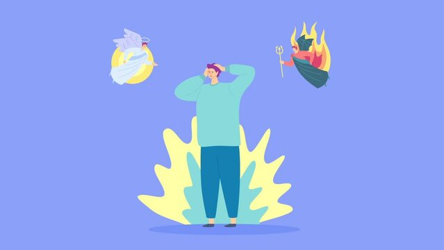 Cartoon Color Character Man and Choice Angel or Demon Decision Concept Flat Design Style. Animation Effect Illustration