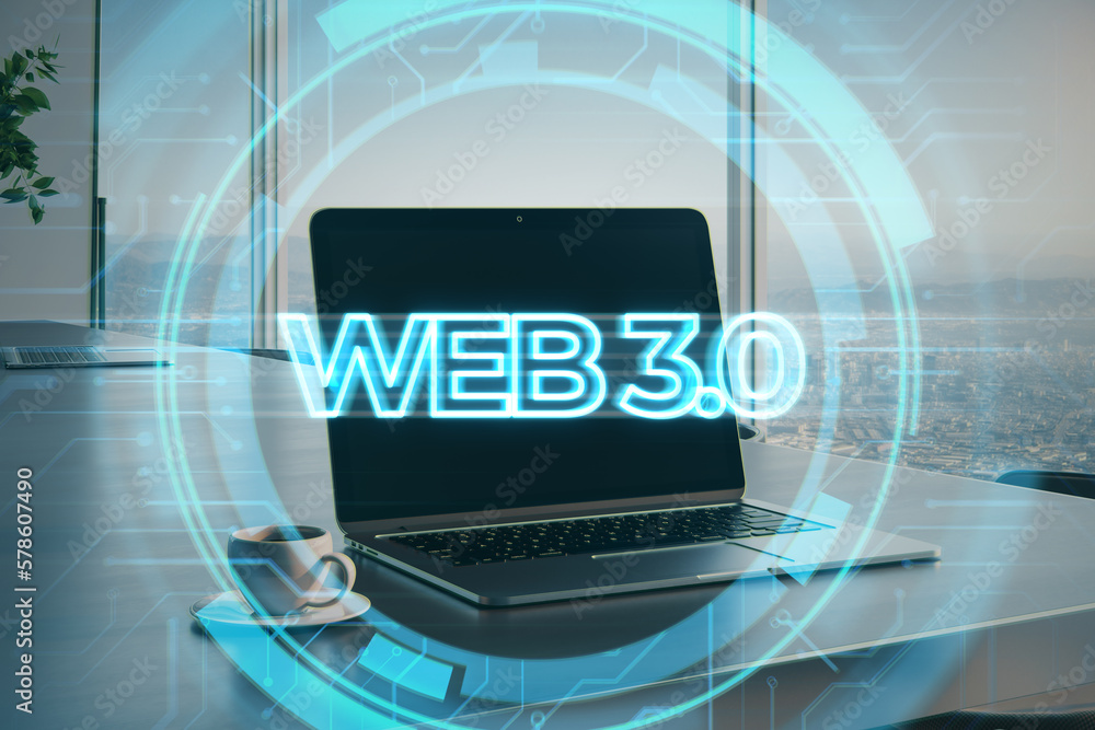 Poster Web 3.0 - a new generation of the Internet, using blockchain and AI, modern technologies IoT. Laptop and coffee cup with hologram on desktop and office with city view background. Double exposure.
