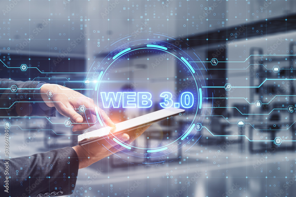 Poster Web 3.0 new internet future distributed block chain technology concept. Close up of businessman hand pointing at cellphone with hologram on blurry office interior background. Double exposure.