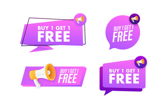 Megaphone label set with text Buy 1 get 1 free. Megaphone in hand promotion banner. Marketing and advertising