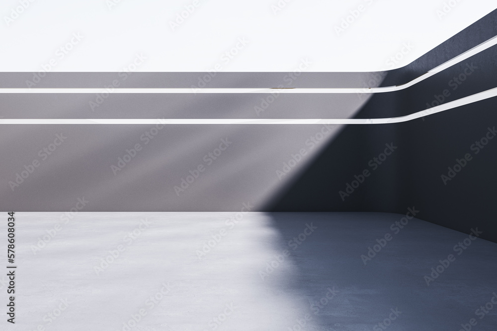 Poster Bright open space concrete walls with sunlight and mock up place. 3D Rendering.