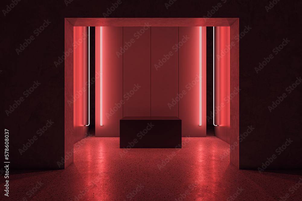 Poster abstract red room interior with podium and mock up place. 3d rendering.