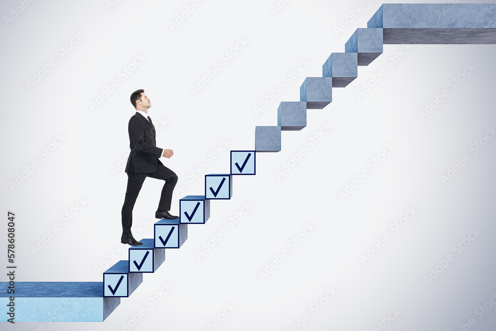Aufkleber goals achievement, business success and checklist with businessman climbing up the check marks in fo