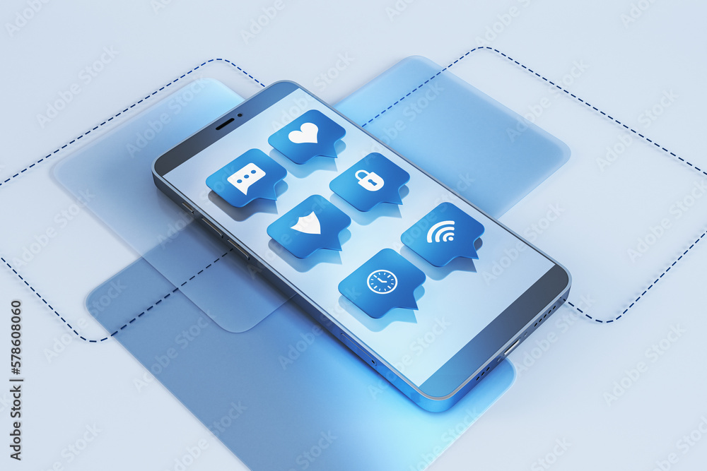 Poster Creative blue smartphone with communication icons on screen. Social media and network concept. 3D Rendering.