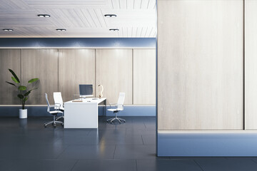 Modern wooden office interior with empty mock up place on wall, furniture, equipment and decorative plant. 3D Rendering.
