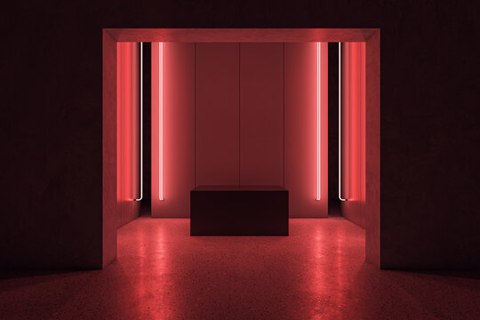 Abstract red room interior with podium and mock up place. 3D Rendering.