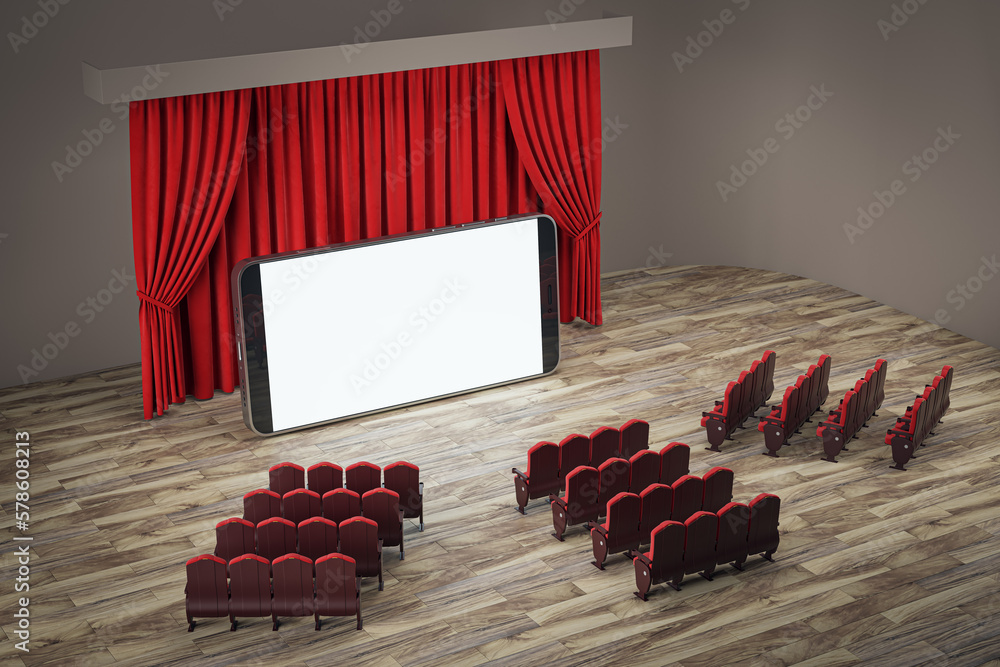 Poster Online movie concept with perspective view on blank white huge smartphone screen with place for your web site or picture in front of chairs on red backstage curtain background. 3D rendering, mock up