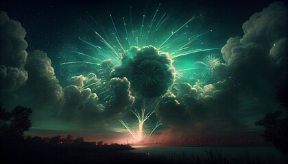 Massive green fireworks in the sky, generative ai
