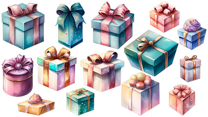 watercolor gift boxes set isolated on the white background, Generative AI