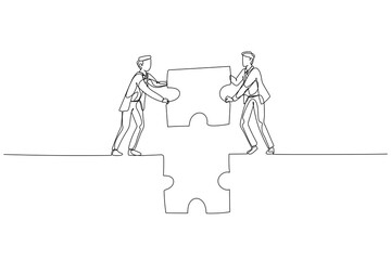 Illustration of businessman and partner hold puzzle and try to make bridge. Concept of cooperation. Single continuous line art style