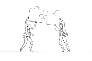 Cartoon of businessman hold puzzle in the head try to connect puzzle. Concept of partnership. Single line art style