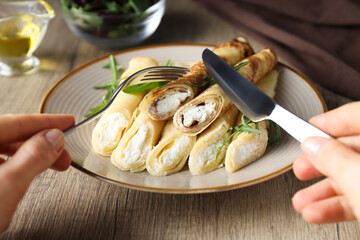 Concept of tasty food, thin pancakes with filling