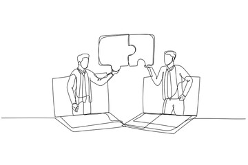 Drawing of businessman and coworker connecting jigsaw puzzle. Concept of business solution. Single continuous line art style