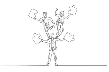 Drawing of businessman juggling puzzle from human tower. Concept of teamwork. Single continuous line art style