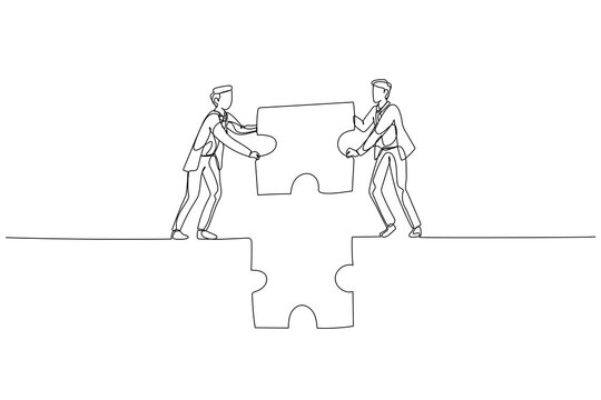 Illustration of businessman and partner hold puzzle and try to make bridge. Concept of cooperation. Single continuous line art style
