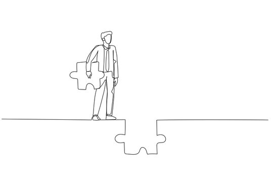 recommend clip art: Illustration of businessman holding puzzle try to connect the road. Concept of ambition. Single line art style