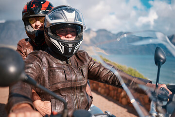 Motorcycle, travel and couple on road trip for adventure, freedom and enjoying weekend in...