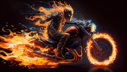 Portrait of Ghost Rider with motorcycle with flames, generative ai - obrazy, fototapety, plakaty