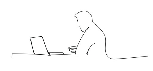 business executive shows work directions to office worker on laptop computer continuous line drawing