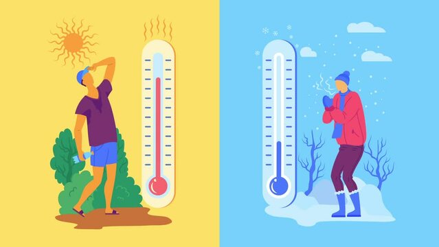 Cartoon Color Characters People with Outdoor Temperature Thermometers and Hot or Cold Weather Concept Flat Design Style. Animation Effect Illustration