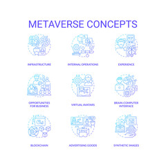 Metaverse blue gradient concept icons set. Technology of virtual reality development idea thin line color illustrations. Isolated symbols. Roboto-Medium, Myriad Pro-Bold fonts used
