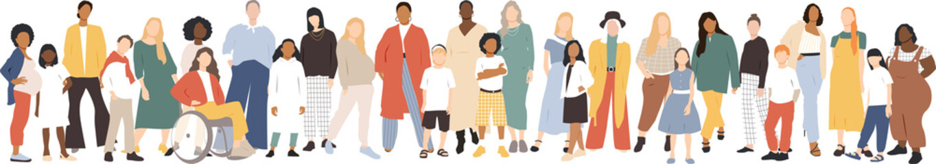 Multicultural group of mothers with kids. Transparent background.