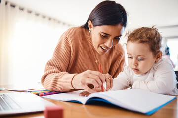 Learning, education and mother with child drawing in book in home for studying, homework or...