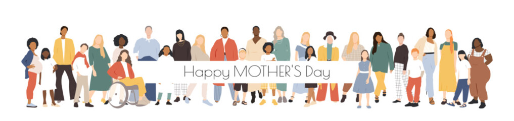 Happy Mother's Day card. Multicultural group of mothers with kids. Flat vector illustration.