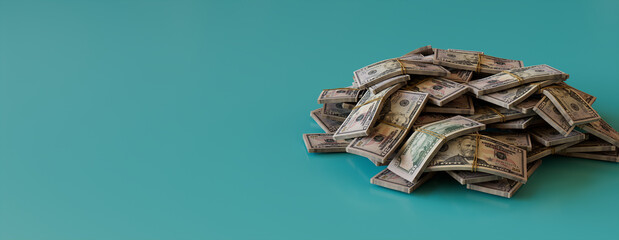Banking Banner with Fifty Dollar Bills. Pile of Cash Bundles on Aqua surface with copy-space.
