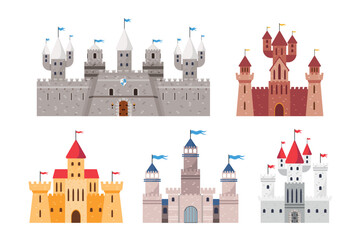 Set of different knight's castles in a cartoon style. Vector illustration of ancient stone castles with towers, gates and flags, coat of arms isolated on white background. Defensive fortresses. - obrazy, fototapety, plakaty