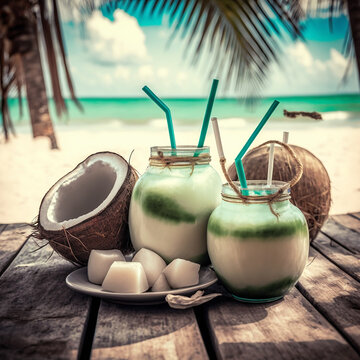 Young coconut drinks on the beach table during the day. Beach holiday concept. Generative AI.