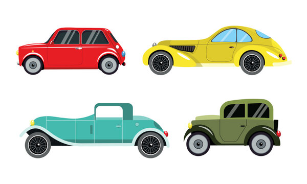Set of different colored cars in cartoon style. Vector illustration of beautiful and stylish old retro cars isolated on white background.