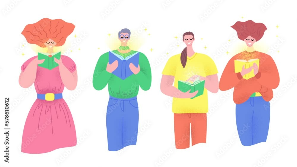 Poster cartoon color characters people hold book and reading day concept learn and relax flat design style.