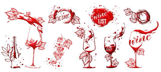 WINE LIST template - Hand drawn elements. Wine design collection for flyers, brochures, invitation cards, advertising banners and menus. Wine stains and sketch vector illustration. Brilliant colors.