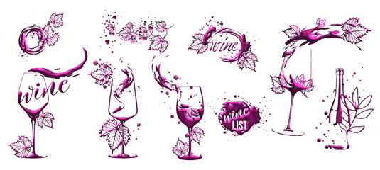 WINE LIST template - Hand drawn elements. Wine design collection for flyers, brochures, invitation cards, advertising banners and menus. Wine stains and sketch vector illustration. Brilliant colors.