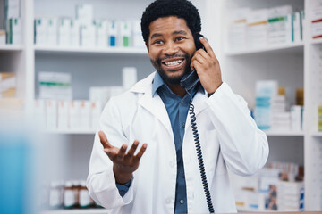Pharmacist, black man or phone call in patient help, customer consulting or telehealth medicine...