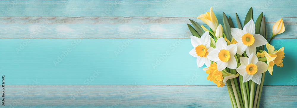 Poster spring easter background with top view of daffodils bouquet on light blue wooden table with copy spa